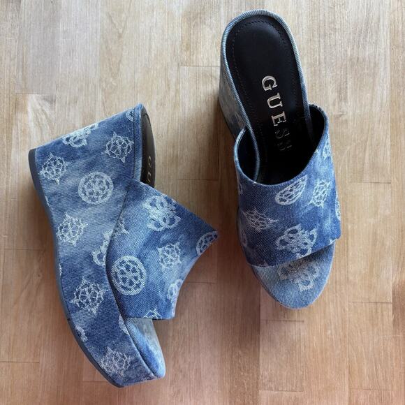 Guess Shoes - Guess Denim Logo Wedge Mules Women’s 8M Blue Slip On Platform Shoes New